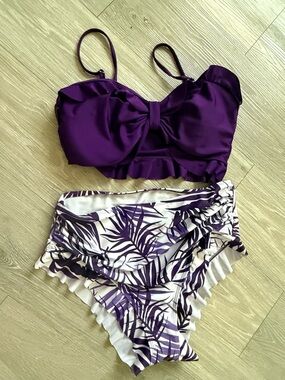 Purple Bow Bikini Set with Tropical Print High-Waist Bottoms